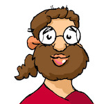 Martin mit runder Lennon-Brille, langem zu einem Zopf gebundenem braunem Haar und einem roten Pullover